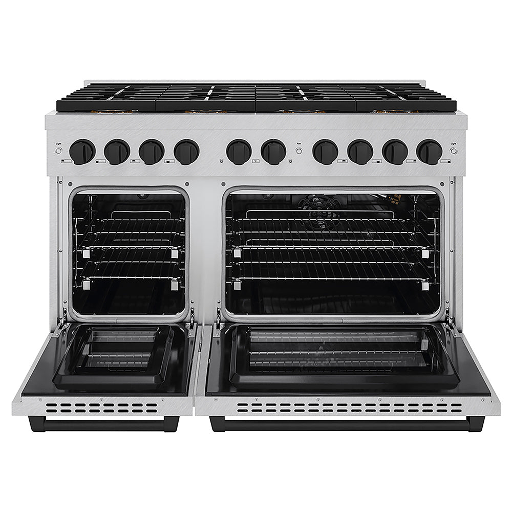 ZLINE Autograph Edition 48 in. 6.7 cu. ft. Paramount Gas Range with 8 Burner DuoPro™ Cooktop and Dual Ovens in Satin Stainless Steel and Matte Black Accents, Open Box-Good Condition