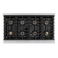 ZLINE Autograph Edition 48 in. 6.7 cu. ft. Paramount Gas Range with 8 Burner DuoPro™ Cooktop and Dual Ovens in Satin Stainless Steel and Matte Black Accents (PSGRSZ-48-MB) top-down, above cooktop.