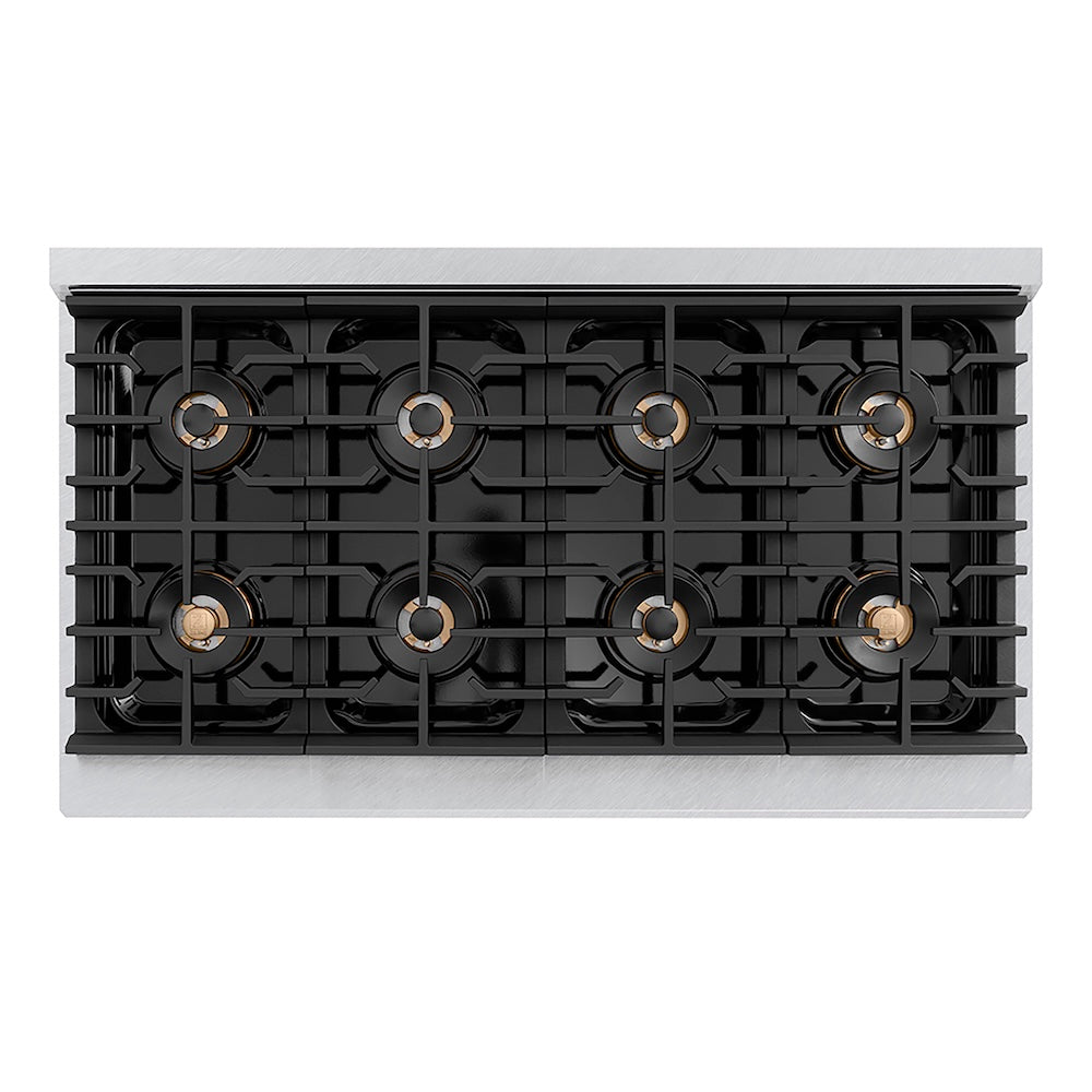 ZLINE Autograph Edition 48 in. 6.7 cu. ft. Paramount Gas Range with 8 Burner DuoPro™ Cooktop and Dual Ovens in Satin Stainless Steel and Matte Black Accents (PSGRSZ-48-MB) top-down, above cooktop.