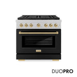ZLINE Autograph Edition 36 in. 5.2 cu. ft. Paramount Dual Fuel Range with 6 Burner DuoPro™ Cooktop and Electric Convection Oven in Satin Stainless Steel with Black Matte Door and Champagne Bronze Accents (PSDRSZ-BLM36-CB) front, with DuoPro™ logo.