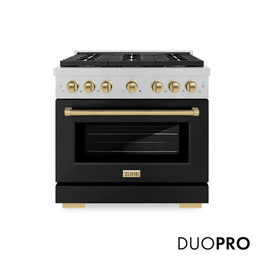 ZLINE Autograph Edition 36 in. 5.2 cu. ft. Paramount Dual Fuel Range with 6 Burner DuoPro™ Cooktop and Electric Convection Oven in Satin Stainless Steel with Black Matte Door and Champagne Bronze Accents (PSDRSZ-BLM36-CB) front, with DuoPro™ logo.