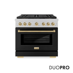 ZLINE Autograph Edition 36 in. 5.2 cu. ft. Paramount Dual Fuel Range with 6 Burner DuoPro™ Cooktop and Electric Convection Oven in Satin Stainless Steel with Black Matte Door and Champagne Bronze Accents (PSDRSZ-BLM36-CB) main image.