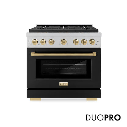 ZLINE Autograph Edition 36 in. 5.2 cu. ft. Paramount Dual Fuel Range with 6 Burner DuoPro™ Cooktop and Electric Convection Oven in Satin Stainless Steel with Black Matte Door and Champagne Bronze Accents (PSDRSZ-BLM36-CB) front, with DuoPro™ logo.