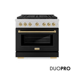 ZLINE Autograph Edition 36 in. 5.2 cu. ft. Paramount Gas Range with 6 Burner DuoPro™ Cooktop and Convection Gas Oven in Satin Stainless Steel with Black Matte Door and Champagne Bronze Accents, Open Box-Good Condition