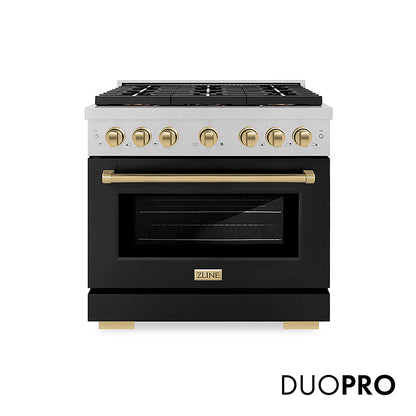 ZLINE Autograph Edition 36 in. 5.2 cu. ft. Paramount Gas Range with 6 Burner DuoPro™ Cooktop and Convection Gas Oven in Satin Stainless Steel with Black Matte Door and Champagne Bronze Accents, Open Box-Good Condition