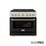 ZLINE Autograph Edition 36 in. 5.2 cu. ft. Paramount Gas Range with 6 Burner DuoPro™ Cooktop and Convection Gas Oven in Satin Stainless Steel with Black Matte Door and Champagne Bronze Accents (PSGRSZ-BLM36-CB) front, with DuoPro™ logo.
