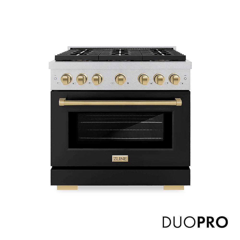 ZLINE Autograph Edition 36 in. 5.2 cu. ft. Paramount Gas Range with 6 Burner DuoPro™ Cooktop and Convection Gas Oven in Satin Stainless Steel with Black Matte Door and Champagne Bronze Accents (PSGRSZ-BLM36-CB) front, with DuoPro™ logo.