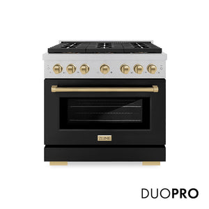 ZLINE Autograph Edition 36 in. 5.2 cu. ft. Paramount Gas Range with 6 Burner DuoPro™ Cooktop and Convection Gas Oven in Satin Stainless Steel with Black Matte Door and Champagne Bronze Accents (PSGRSZ-BLM36-CB) main image.