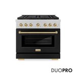 ZLINE Autograph Edition 36 in. 5.2 cu. ft. Paramount Dual Fuel Range with 6 Burner DuoPro™ Cooktop and Electric Convection Oven in Satin Stainless Steel with Black Matte Door and Champagne Bronze Accents, Open Box-Good Condition