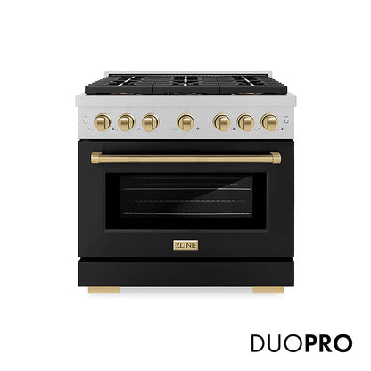ZLINE Autograph Edition 36 in. 5.2 cu. ft. Paramount Dual Fuel Range with 6 Burner DuoPro™ Cooktop and Electric Convection Oven in Satin Stainless Steel with Black Matte Door and Champagne Bronze Accents, Open Box-Great Condition