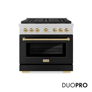 ZLINE Autograph Edition 36 in. 5.2 cu. ft. Paramount Gas Range with 6 Burner DuoPro™ Cooktop and Convection Gas Oven in Satin Stainless Steel with Black Matte Door and Champagne Bronze Accents, Open Box-Great Condition main image.