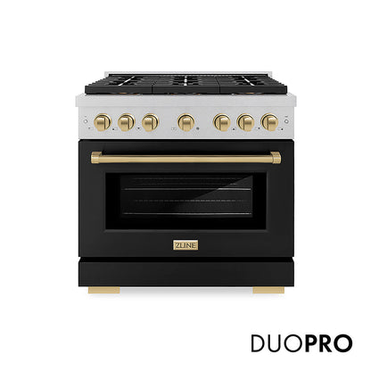 ZLINE Autograph Edition 36 in. 5.2 cu. ft. Paramount Gas Range with 6 Burner DuoPro™ Cooktop and Convection Gas Oven in Satin Stainless Steel with Black Matte Door and Champagne Bronze Accents, Open Box-Great Condition