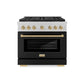 ZLINE Autograph Edition 36 in. 5.2 cu. ft. Paramount Gas Range with 6 Burner DuoPro™ Cooktop and Convection Gas Oven in Satin Stainless Steel with Black Matte Door and Champagne Bronze Accents (PSGRSZ-BLM36-CB) front.