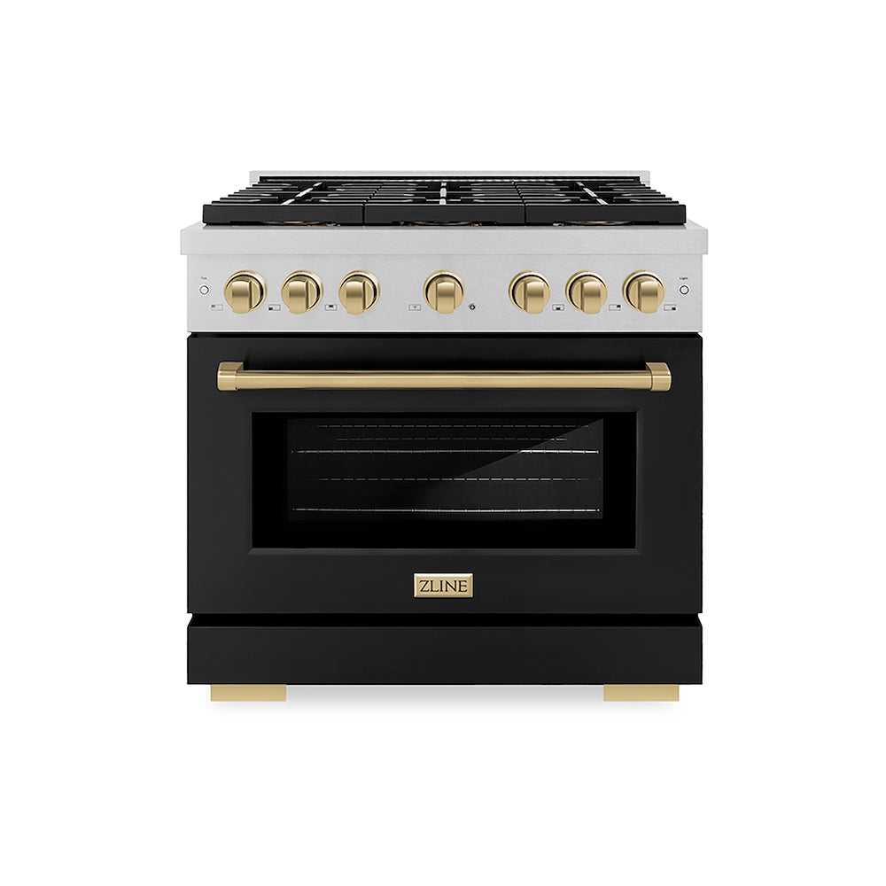 ZLINE Autograph Edition 36 in. 5.2 cu. ft. Paramount Gas Range with 6 Burner DuoPro™ Cooktop and Convection Gas Oven in Satin Stainless Steel with Black Matte Door and Champagne Bronze Accents (PSGRSZ-BLM36-CB) front.