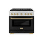 ZLINE Autograph Edition 36 in. 5.2 cu. ft. Paramount Gas Range with 6 Burner DuoPro™ Cooktop and Convection Gas Oven in Satin Stainless Steel with Black Matte Door and Champagne Bronze Accents, Open Box-Great Condition