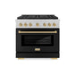 ZLINE Autograph Edition 36 in. 5.2 cu. ft. Paramount Dual Fuel Range with 6 Burner DuoPro™ Cooktop and Electric Convection Oven in Satin Stainless Steel with Black Matte Door and Champagne Bronze Accents (PSDRSZ-BLM36-CB) front.