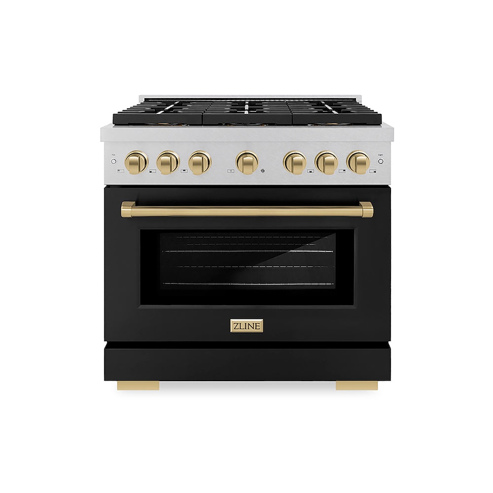 ZLINE Autograph Edition 36 in. 5.2 cu. ft. Paramount Dual Fuel Range with 6 Burner DuoPro™ Cooktop and Electric Convection Oven in Satin Stainless Steel with Black Matte Door and Champagne Bronze Accents, Open Box-Good Condition