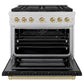ZLINE Autograph Edition 36 in. 5.2 cu. ft. Paramount Gas Range with 6 Burner DuoPro™ Cooktop and Convection Gas Oven in Satin Stainless Steel with Black Matte Door and Champagne Bronze Accents (PSGRSZ-BLM36-CB) front, oven open.