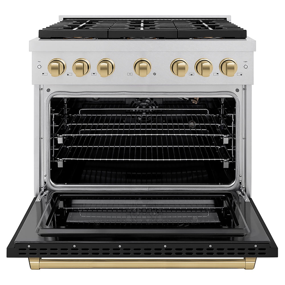 ZLINE Autograph Edition 36 in. 5.2 cu. ft. Paramount Gas Range with 6 Burner DuoPro™ Cooktop and Convection Gas Oven in Satin Stainless Steel with Black Matte Door and Champagne Bronze Accents (PSGRSZ-BLM36-CB) front, oven open.