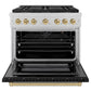 ZLINE Autograph Edition 36 in. 5.2 cu. ft. Paramount Gas Range with 6 Burner DuoPro™ Cooktop and Convection Gas Oven in Satin Stainless Steel with Black Matte Door and Champagne Bronze Accents, Open Box-Good Condition
