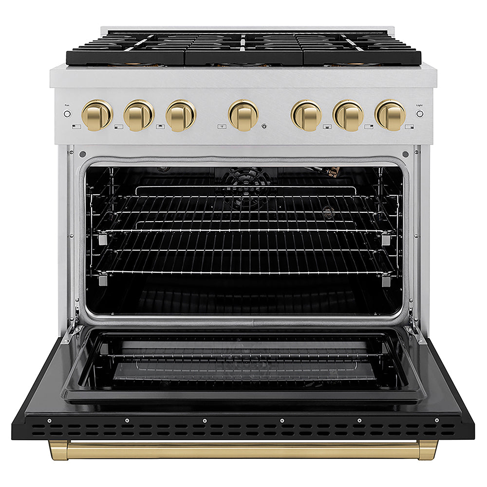 ZLINE Autograph Edition 36 in. 5.2 cu. ft. Paramount Gas Range with 6 Burner DuoPro™ Cooktop and Convection Gas Oven in Satin Stainless Steel with Black Matte Door and Champagne Bronze Accents, Open Box-Good Condition