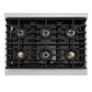 ZLINE Autograph Edition 36 in. 5.2 cu. ft. Paramount Gas Range with 6 Burner DuoPro™ Cooktop and Convection Gas Oven in Satin Stainless Steel with Black Matte Door and Champagne Bronze Accents (PSGRSZ-BLM36-CB) top-down, above cooktop.
