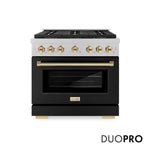 ZLINE Autograph Edition 36 in. 5.2 cu. ft. Paramount Gas Range with 6 Burner DuoPro™ Cooktop and Convection Gas Oven in Satin Stainless Steel with Black Matte Door and Polished Gold Accents (PSGRSZ-BLM36-G) front, with DuoPro™ logo.