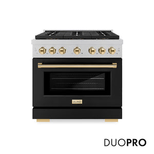 ZLINE Autograph Edition 36 in. 5.2 cu. ft. Paramount Gas Range with 6 Burner DuoPro™ Cooktop and Convection Gas Oven in Satin Stainless Steel with Black Matte Door and Polished Gold Accents (PSGRSZ-BLM36-G) main image.