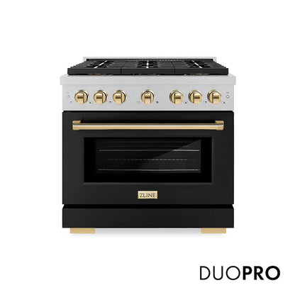 ZLINE Autograph Edition 36 in. 5.2 cu. ft. Paramount Gas Range with 6 Burner DuoPro™ Cooktop and Convection Gas Oven in Satin Stainless Steel with Black Matte Door and Polished Gold Accents (PSGRSZ-BLM36-G) front, with DuoPro™ logo.