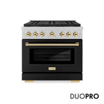 ZLINE Autograph Edition 36 in. 5.2 cu. ft. Paramount Gas Range with 6 Burner DuoPro™ Cooktop and Convection Gas Oven in Satin Stainless Steel with Black Matte Door and Polished Gold Accents, Open Box-Good Condition