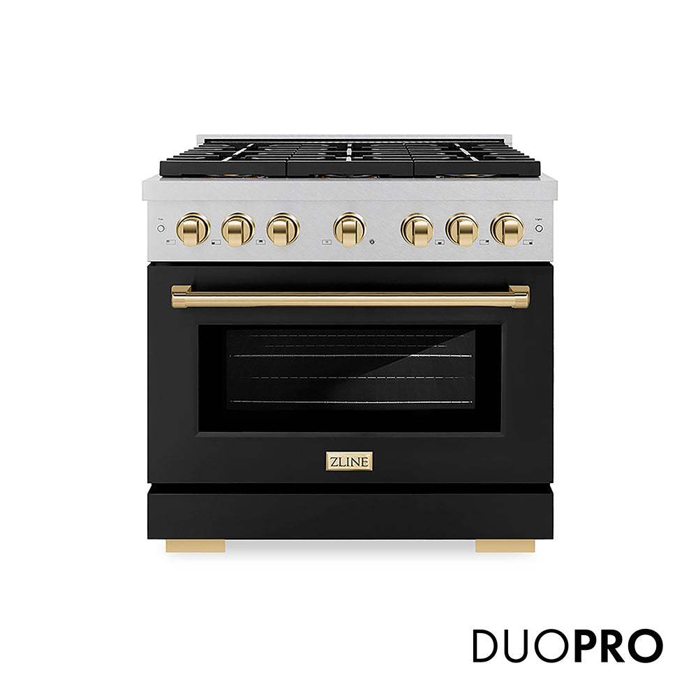 ZLINE Autograph Edition 36 in. 5.2 cu. ft. Paramount Gas Range with 6 Burner DuoPro™ Cooktop and Convection Gas Oven in Satin Stainless Steel with Black Matte Door and Polished Gold Accents, Open Box-Good Condition