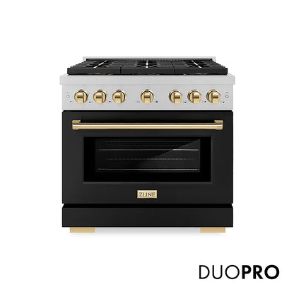 ZLINE Autograph Edition 36 in. 5.2 cu. ft. Paramount Gas Range with 6 Burner DuoPro™ Cooktop and Convection Gas Oven in Satin Stainless Steel with Black Matte Door and Polished Gold Accents, Open Box-Good Condition