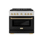 ZLINE Autograph Edition 36 in. 5.2 cu. ft. Paramount Gas Range with 6 Burner DuoPro™ Cooktop and Convection Gas Oven in Satin Stainless Steel with Black Matte Door and Polished Gold Accents, Open Box-Great Condition