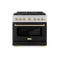 ZLINE Autograph Edition 36 in. 5.2 cu. ft. Paramount Gas Range with 6 Burner DuoPro™ Cooktop and Convection Gas Oven in Satin Stainless Steel with Black Matte Door and Polished Gold Accents (PSGRSZ-BLM36-G) front.