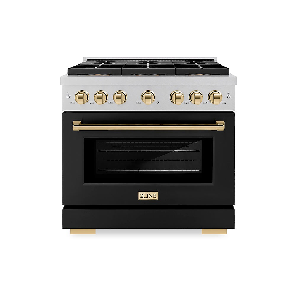 ZLINE Autograph Edition 36 in. 5.2 cu. ft. Paramount Gas Range with 6 Burner DuoPro™ Cooktop and Convection Gas Oven in Satin Stainless Steel with Black Matte Door and Polished Gold Accents (PSGRSZ-BLM36-G) front.