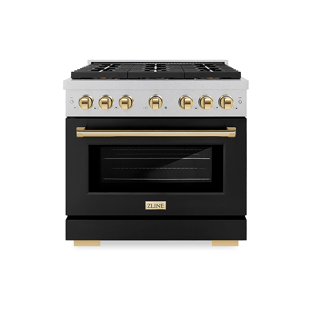 ZLINE Autograph Edition 36 in. 5.2 cu. ft. Paramount Gas Range with 6 Burner DuoPro™ Cooktop and Convection Gas Oven in Satin Stainless Steel with Black Matte Door and Polished Gold Accents, Open Box-Good Condition