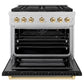 ZLINE Autograph Edition 36 in. 5.2 cu. ft. Paramount Gas Range with 6 Burner DuoPro™ Cooktop and Convection Gas Oven in Satin Stainless Steel with Black Matte Door and Polished Gold Accents (PSGRSZ-BLM36-G) front, oven open.
