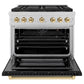 ZLINE Autograph Edition 36 in. 5.2 cu. ft. Paramount Gas Range with 6 Burner DuoPro™ Cooktop and Convection Gas Oven in Satin Stainless Steel with Black Matte Door and Polished Gold Accents, Open Box-Great Condition