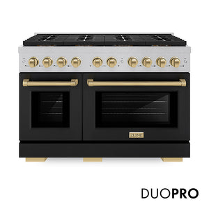 ZLINE Autograph Edition 48 in. 6.7 cu. ft. Paramount Dual Fuel Range with 8 Burner DuoPro™ Cooktop and Dual Ovens in Satin Stainless Steel with Black Matte Doors and Champagne Bronze Accents, Open Box-Great Condition main image.