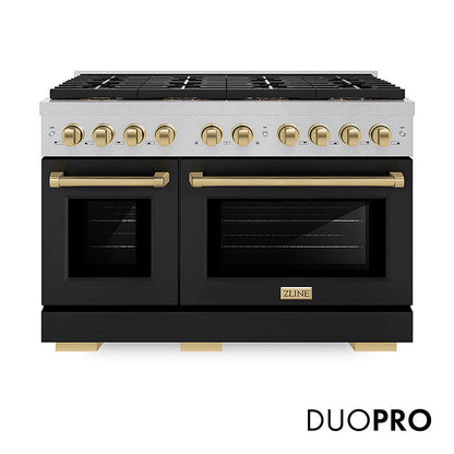 ZLINE Autograph Edition 48 in. 6.7 cu. ft. Paramount Dual Fuel Range with 8 Burner DuoPro™ Cooktop and Dual Ovens in Satin Stainless Steel with Black Matte Doors and Champagne Bronze Accents, Open Box-Great Condition