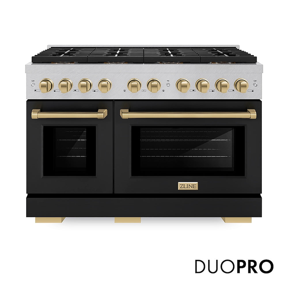 ZLINE Autograph Edition 48 in. 6.7 cu. ft. Paramount Gas Range with 8 Burner DuoPro™ Cooktop and Dual Ovens in Satin Stainless Steel with Black Matte Doors and Champagne Bronze Accents (PSGRSZ-BLM48-CB) front, with DuoPro™ logo.