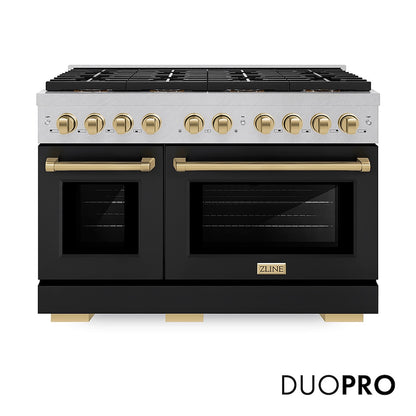 ZLINE Autograph Edition 48 in. 6.7 cu. ft. Paramount Gas Range with 8 Burner DuoPro™ Cooktop and Dual Ovens in Satin Stainless Steel with Black Matte Doors and Champagne Bronze Accents (PSGRSZ-BLM48-CB) front, with DuoPro™ logo.
