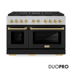 ZLINE Autograph Edition 48 in. 6.7 cu. ft. Paramount Gas Range with 8 Burner DuoPro™ Cooktop and Dual Ovens in Satin Stainless Steel with Black Matte Doors and Champagne Bronze Accents, Open Box-Good Condition