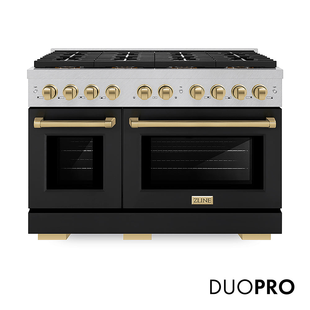 ZLINE Autograph Edition 48 in. 6.7 cu. ft. Paramount Gas Range with 8 Burner DuoPro™ Cooktop and Dual Ovens in Satin Stainless Steel with Black Matte Doors and Champagne Bronze Accents, Open Box-Good Condition
