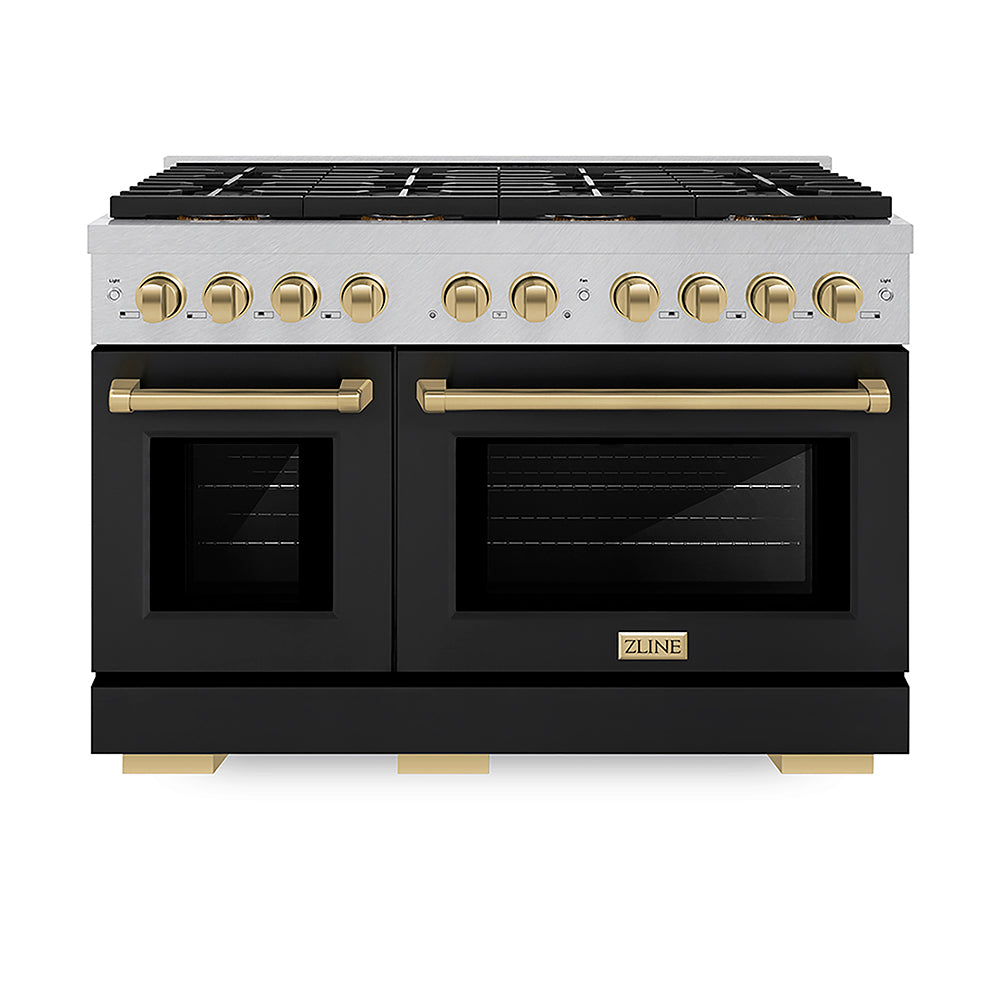 ZLINE Autograph Edition 48 in. 6.7 cu. ft. Paramount Gas Range with 8 Burner DuoPro™ Cooktop and Dual Ovens in Satin Stainless Steel with Black Matte Doors and Champagne Bronze Accents, Open Box-Good Condition