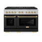ZLINE Autograph Edition 48 in. 6.7 cu. ft. Paramount Gas Range with 8 Burner DuoPro™ Cooktop and Dual Ovens in Satin Stainless Steel with Black Matte Doors and Champagne Bronze Accents (PSGRSZ-BLM48-CB) front.