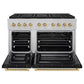 ZLINE Autograph Edition 48 in. 6.7 cu. ft. Paramount Dual Fuel Range with 8 Burner DuoPro™ Cooktop and Dual Ovens in Satin Stainless Steel with Black Matte Doors and Champagne Bronze Accents (PSDRSZ-BLM48-CB) front, oven open.