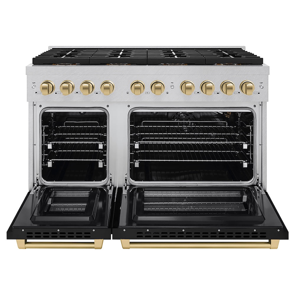 ZLINE Autograph Edition 48 in. 6.7 cu. ft. Paramount Dual Fuel Range with 8 Burner DuoPro™ Cooktop and Dual Ovens in Satin Stainless Steel with Black Matte Doors and Champagne Bronze Accents (PSDRSZ-BLM48-CB) front, oven open.