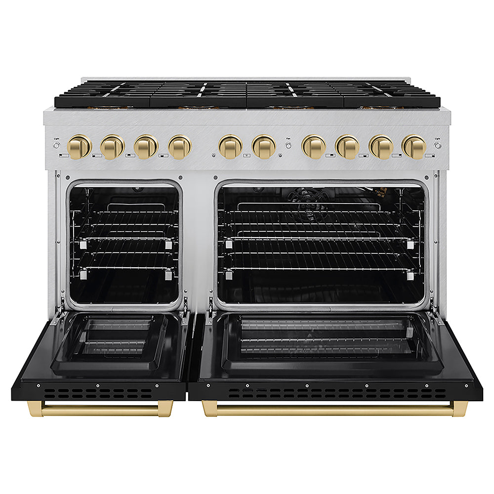 ZLINE Autograph Edition 48 in. 6.7 cu. ft. Paramount Gas Range with 8 Burner DuoPro™ Cooktop and Dual Ovens in Satin Stainless Steel with Black Matte Doors and Champagne Bronze Accents, Open Box-Good Condition