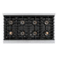 ZLINE Autograph Edition 48 in. 6.7 cu. ft. Paramount Gas Range with 8 Burner DuoPro™ Cooktop and Dual Ovens in Satin Stainless Steel with Black Matte Doors and Champagne Bronze Accents (PSGRSZ-BLM48-CB) top-down, above cooktop.